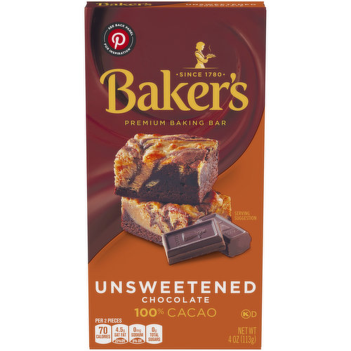 Baker's Unsweetened Baking Chocolate Bar with 100% Cacao brings the decadent taste of smooth unsweetened chocolate to your favorite recipes. This unsweetened chocolate is made with premium cacao. Featuring no added ingredients, it delivers a deep cocoa flavor that's sure to delight the chocolate lovers in your family. Simply break off a few squares from this chocolate bar, and melt them into your cheesecakes, brownies and cakes for a burst of chocolate flavor. The new scored bar snaps cleanly into 1/4 ounce pieces, so you can make small batches with the same precision as large recipes. Each 4 ounce bar comes in a paper wrapper keeping the unused portions contained inside the box until your next baking session.
