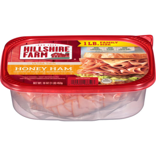 Enjoy premium sliced ham with Hillshire Farm Ultra Thin Sliced Honey Ham Deli Meat. Our honey ham lunchmeat has no artificial flavors and is 96% fat-free. Fully cooked and ready-to-eat, this ham is perfect with cheese, onion and lettuce on white bread for a delicious sandwich. This 16 oz sliced deli meat package is double-sealed for absolute freshness.