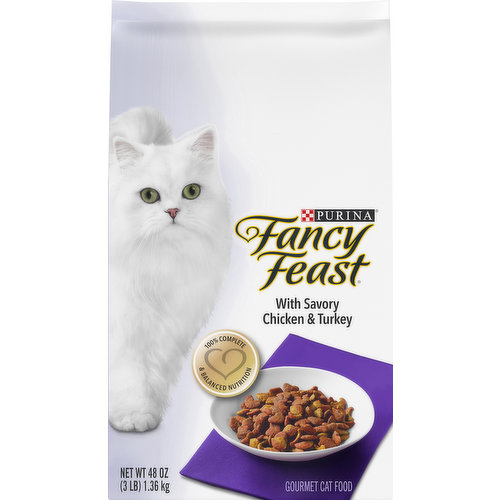 Calorie content (calculated) (ME) 4010 kcal/kg, 476 kcal/cup. Fancy Feast With Savory Chicken & Turkey is formulated to meet the nutritional levels established by the AAFCO cat food nutrient profiles for all life stages. 100% complete & balanced nutrition. Make every day delicious. Crunchy delightfully crunchy. Savory deliciously savory. Complete nutritionally complete & balanced. Fancy feast believes the right ingredients can make an ordinary day extraordinary. Fancy Feast Dry Cat Food is prepared with a high standard of taste, nutrition and quality for an experience that will excite your cat any time, every day. Your pet. Our passion. The Purina Promise: Our promise to you is sealed inside every package - including this one. Every ingredient we source and every facility we own is held to our highest standards for quality, safety and the never-ending pursuit in breakthrough nutrition. Pets are our passion. Safety is our promise. Progress is our pledge. Follow us at Purina.com. Purina.com. FancyFeast.com. Twitter. Facebook. Find more to love at FancyFeast.com. We’re Listening. Visit us online at Purina.com or call 1-800-933-0991. Printed in USA. Crafted in USA facilities.