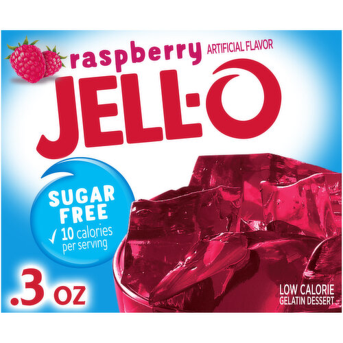 Jell-O Sugar Free Raspberry Instant Gelatin Mix packs all the flavor without the sugar into a convenient mix for quick, easy preparation. Delicious raspberry flavor makes this sugar free gelatin a refreshing treat perfect for everyday snacking or special occasions. This raspberry flavored gelatin is fat free per serving and also a low calorie option at 10 calories per serving. Whether you serve it as a gelatin dessert or add chunks of fruit to make a fruit dessert for kids, you can feel good about sharing with your family. Simply mix the 0.3 ounce box of gelatin powder with boiling water, add cold water, and refrigerate to set. Each box of raspberry gelatin mix makes four servings.