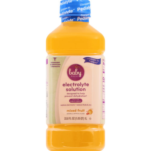 Natural & artificial flavor. One Liter of Baby Basics Electrolyte Solution Provides: 45 mEq sodium; 20 mEq potassium; 35 mEq chloride. Recommended by pediatricians & pharmacists. Designed to help prevent dehydration (For mild to moderate dehydration). Great for kids & adults. Replaces electrolytes. Replaces fluids & zinc. Compare to Pedialyte (Pedialyte is a registered trademark of Abbott Laboratories. This product is not manufactured or distributed by Abbott Nutrition, Abbott Laboratories, the distributor of Pedialyte). Ready to use. Designed for fast, effective rehydration. Designed to help prevent dehydration (for mild to moderate dehydration) more effectively than common beverages. Baby Basics Electrolyte Solution quickly replenishes fluids, zinc and electrolytes to help prevent dehydration due to: vomiting & diarrhea; intense exercise; heat exhaustion; travel. No fruit juice. 100% quality guaranteed. Like it or let us make it right. That's our quality promise. 877-932-7948. Questions or comments? 1-855-423-2630.