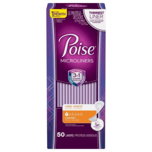 Over 1 month supply (Using 7 liners per week). Thinnest liner for light bladder leakage. Odor control 3 in 1 bladder protection. Odor control. Dryness. Comfort. Cleanfresh layer. Absorbency Guide: Poise Liners. Your Product: Lightest: 1 drips; Very Light: 2 spurts; Poise Pads: Light: 3 bursts; Moderate: 4 surges; Maximum: 5 streams; Ultimate: 6 gushes. Trusted 3-in-1 protection. 1. Comfort incredibly thin and stays in place. 2. Dryness: Cleanfresh layer helps keep you fresh and dry all day. 3. Odor control absorb-loc core quickly locks away wetness and odor. Individually wrapped.  poise.com. how2recycle.info. Love poise products? Leave a review at poise.com. Dispose of properly. Made in China.