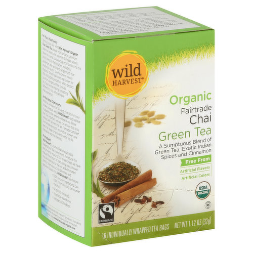Wild Harvest Green Tea, Organic Fairtrade, Chai, Individually Wrapped Tea Bags