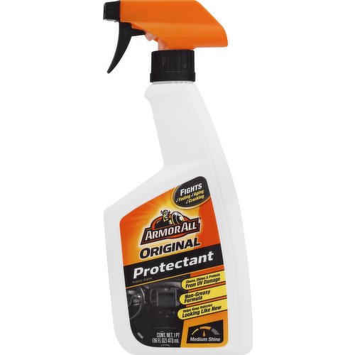 Fights. Fading. Aging. Cracking. Cleans, shines & protects from UV damage. Non-greasy formula. Helps keep vehicles clean. Looking like new. Medium shine. Cleans, shines and protects plastic, vinyl and rubber from UV damage. Your vehicle is exposed to dirt, grime and harmful elements like UV rays and oxidation every day. Count on Armor All, the undisputed oxidation every day. Count on Armor All, the undisputed leader in car care, to help keep your vehicle looking as good as the day you brought it. We have designed our proprietary Original Protectant formula to meet even the highest standards. Other products may call themselves protectant, but only one cam call itself Armor All! Cleans away dirt, dust and debris. Helps prevent cracking, fading, discoloration and premature aging enhances your vehicle's deep, rich look and adds beautiful shine. Helps renew and revitalized vinyl, rubber and plastic. www.armorall.com. Questions? Visit www.armorall.com or call 1-800-222-7784. Offer empty container for recycling. If recycling is not available, discard container in trash. Assembled in USA.