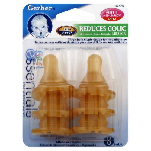 Gerber First Essentials Nipples, Medium Flow, Latex, 4M+