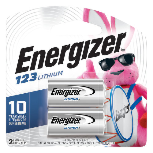 10 year shelf life. Replaces: EL123AP/DL123A/CR17345/CR123/CR123A/K123LA. 100% leak proof based on standard use. Performs in extreme temperatures (-40 degrees F to 140 degrees F). www.energizer.com. www.energizer.ca. Made in USA.
