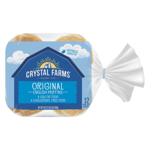 Since 1926. Low in fat. A low fat food. No cholesterol. A cholesterol free food. Crystal Farms English Muffins are a natural for all your breakfast and snacking occasions. Be sure to try all of our delicious varieties: plain, sourdough, wheat and cinnamon raisin. Look for other wholesome foods from Crystal Farms including: natural cheeses in chunks and shreds, country fresh eggs, butter and spreads. From the heart of Dairy Country. Your comments are welcomed! 1-800-672-8260. Visit us at www.crystalfarms.com. Product of USA.