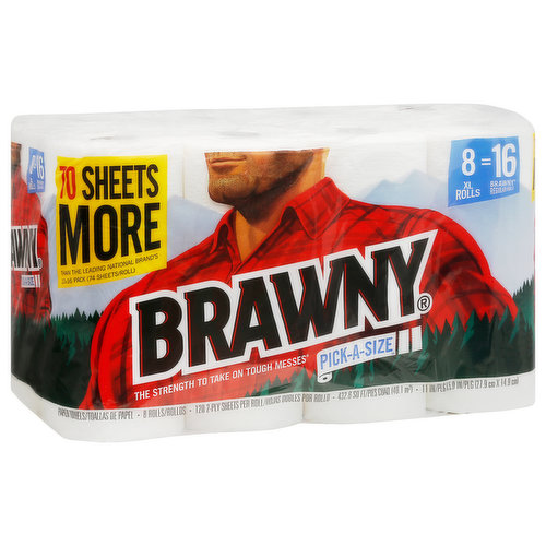 70 sheets more than the leading national brands. 12 = 16 pack (74 sheets/roll). The strength to take on tough messes. 8 XL rolls = 16 Brawny regular rolls. Since 1974, the Brawny brand has been an American icon of strength and durability. It is the original, big, tough towel. Made to be gentle. But engineered to handle the tough messes life can dish out. Giving you the confidence to accept all challenges. Allowing you to meet the worst moments with you best self. So, Stay strong. Stay resilient. Stay giant. Sustainable Forestry Initiative: Certified sourcing. www.sfiprograms.org. Proudly supporting American jobs.