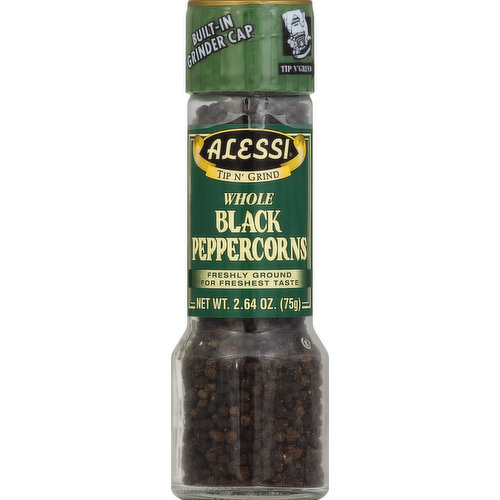 Freshly ground for freshest taste. Built-in grinder cap. Finest quality sun dried black peppercorns have a robust flavor and a bold fruity fragrance. Freshly ground spices offer the freshest taste. For nutrition information contact us www.alessifoods.com. Packed in the USA.