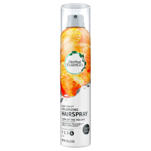 Take your hair to new heights with Herbal Essences Body Envy Volumizing Hairspray. Scented with notes of citrus essences, this level 4 maximum hold hairspray gives your hair a full, lush look with superb shine. Our pH balanced, color-safe formula also contains 0% parabens or colorants. Simply spray evenly on styled hair to give your look a lift.