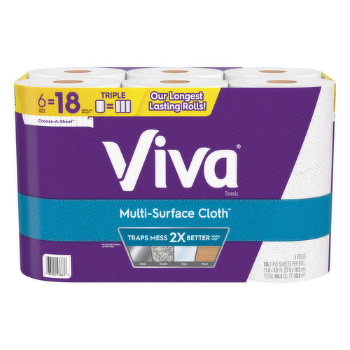 6 triple rolls = 18 regular rolls (Compared to Bounty Regular roll 55 ct Select-A-Sheet). Triple. Our longest lasting rolls! Traps mess 2x better when wet (vs. dry towels on dry mess). Metal. Granite. Glass. Wood. Viva multi-surface cloth towels designed to lift the trap mess on any surface.  With texture-weave and two sponge-like absorbent layers, Viva Multi-surface cloth towels help you maintain an exceptional clean every day. Viva an exceptional clean for the entire house! Viva multi-surface cloth. Cleans like cloth. More surfaces. Lifts and traps mess. Dispose of properly. FSC: Mix - Paper from responsible sources. www.fsc.org. FSC certification ensures that the paper used in our towels comes from responsibly managed forests and other verifiable sources that meet specific environmental, social and economic standards. Get coupons and learn more at VivaTowels.com.