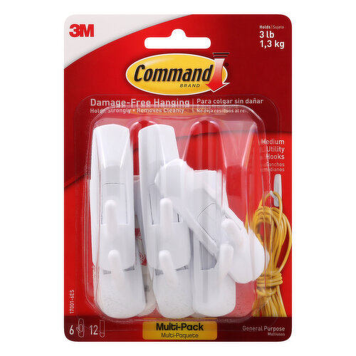 Command Utility Hooks, Medium, White, 3 lb (1.4 kg), 6 Hooks, 12 Strips,  Value Pack