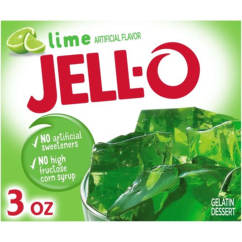 Make a sublime snack for the whole family or try a citrusy Pinterest recipe with Jello Lime Gelatin Dessert Mix. Our delicious gelatin dessert is easy to make; simply add boiling water to the gelatin mix, stir in cold water and put it in the refrigerator to set for about four hours. Jello gelatin mix contains no artificial sweeteners or high-fructose corn syrup, and has only 80 calories per serving. The cool, fruity taste of Jello Lime Gelatin Dessert Mix is a perfect treat all by itself or used in colorful poke cakes, layered Jello molds, pies and more. Available in a variety of flavors, give your family the tasty treat you know they’ll love with Jello Lime Gelatin Dessert Mix.