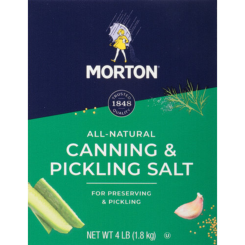 1848 trusted quality. For preserving & pickling. Morton Canning & Pickling Salt captures the fresh flavors of the season. This all-natural salt blends easily with liquid to make a clear brine, helping to preserve and bring out the flavor of your favorite canning recipes. It can also be used for brines and marinades! Tips for Canning & Pickling: Use only Morton Canning & Pickling Salt or Morton Coarse Kosher Salt when canning and pickling vegetables, since table salt tends to leave a sediment in the bottom of the jar. Use recommended containers and lids, and follow t he manufacturer's directions. Use vinegar of 5 or 6 percent acidity. Examine jars for nicks or cracks. Chipped rims prevent a good seal, and cracked jars may break during processing. Wash food and utensils thoroughly before processing. Make sure finished jars are firmly sealed and there are no leaks.  www.MortonSalt.com. Facebook: Facebook.com/MortonSalt. Instagram: Instagram(at)mortonsalt. Questions? Call 1-800-789-Salt (7258). For recipes and to learn more about our culinary salts, visit www.MortonSalt.com.
