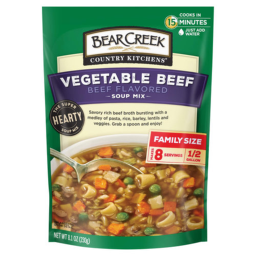 Bear Creek Country Kitchens Vegetable Beef Soup Mix has the same look and feel of the soup mom used to make, but it’s ready in minutes. This delicious mix has all the ingredients you expect in a classic vegetable soup: rich beef broth, barley, carrots, lentils, long-grain rice, pasta, peas, potatoes and spices. Enjoy this soup as is, or turn it into a stew by adding 1 pound of stew meat. Bear Creek Soup Mix helps you to bring home delicious, hot soup with a little bit of comfort. To prepare this hearty soup, boil 8 cups of water and whisk in the mix. Reduce heat to medium and simmer uncovered for 15 minutes. Bear Creek Vegetable Soup pouch contains 8 one cup servings, and you can store it in in a cool, dry place for a shelf-stable meal that can be made in minutes. Bear Creek delivers delicious, satisfying soups using only the highest quality ingredients and our own special blend of spices.