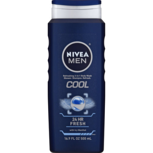Refreshing 3-in-1 body wash shower. Shampoo. Refresh. 24 hours fresh. With icy menthol. Leaves skin feeling cool and fresh. Nivea Men is specially crafted for men’s skin needs with Nivea men’s signature masculine fragrance. Dermatologically tested. www.niveamenusa.com. Questions? Comments? 1-800-227-4703; www.niveamenusa.com. Made in Mexico.
