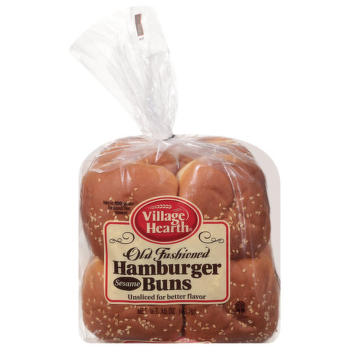 Village Hearth Hamburger Buns, Sesame, Old Fashioned