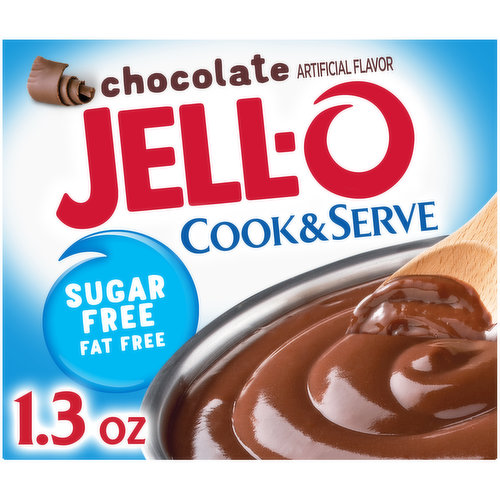 Jell-O Sugar Free Cook and Serve Chocolate Pudding Mix offers a delicious flavor, whether you eat it as a standalone treat or use it as an ingredient in your favorite dessert recipe. This sugar free pudding has 1/3 fewer calories than regular chocolate pudding, and is also fat free per serving, for the perfect guilt free indulgent dessert. The 1.3 ounce cook and serve chocolate pudding comes individually packaged in a sealed pouch and is easy to cook on the stove top by simply adding milk. Serve this Jell-O simply with some whipped cream topping or use in your favorite cupcake recipe to create a decadent treat.