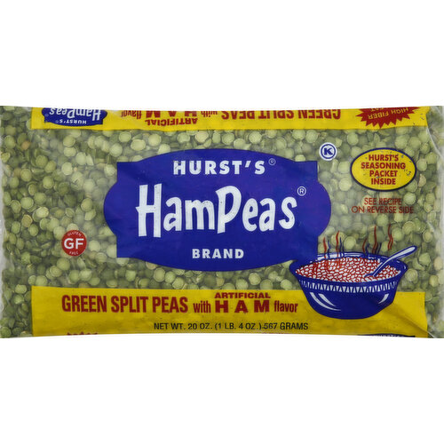 Green split peas with artificial ham flavor. Gluten free. This product is gluten-free. Facility is not dedicated gluten-free. Hurst's seasoning packet inside. High fiber low fat. www.hurstbeans.com.