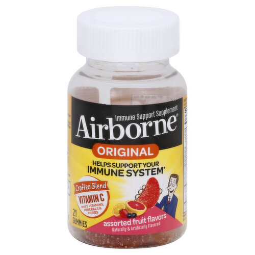 Immune Support Supplement. Zesty orange. Very berry. Grapefruit. Naturally & artificially flavored. Gluten free. 1 Serving Contains: 750 mg of vitamin C; antioxidants (Vitamin C & E); selenium; 35 mg of herbal blend including echinacea & ginger. Helps supports your immune system. Fresh new look - same great formula. Crafted blend. Vitamin C and 9 vitamins minerals & herbs. Health. Hygiene. Home. www.airbornehealth.com. Questions? 1-800-526-6251. This statement has not been evaluated by the Food and Drug Administration. This product is not intended to diagnose, treat, cure or prevent any disease.