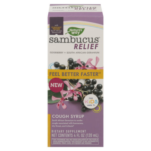 With clinically proven South African geranium. Sambucus relief. Feel better faster (Reduces the duration and severity of minor nasal, throat, and chest irritations and occasional litcoughs associated with hoarseness, dry throat, and irritants). New. South African geranium to soothe coughs associated with hoarseness, dry throat and irritants. Elderberry and more! For centuries the dark berries of European black elder (Sambucus nigra L.) have been traditionally used as a winter remedy for immune support. We took our unique elderberry extract and combined it with Vitamin C and Zinc to support healthy immune function. A Clinically Proven Ingredient: South African Geranium root extract has been the subject of over 20 clinical studies in thousands of adults and children. Nature's Way Sombucus Relief can help them get back faster to school and doing the things they love.