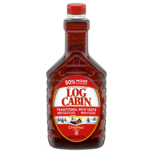 No artificial flavors. 110 calories per 2 tbsp. 50% more than the leading size. A family tradition since 1887. Traditional rich taste. No high fructose corn syrup. logcabinsyrups.com. how2recycle.info. Questions or comments? 1-888-349-1998. logcabinsyrups.com. Empty & replace cap. how2recycle.info.