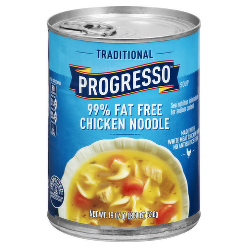 99% fat free chicken noodle. Made with white meat chicken with no antibiotics ever. No artificial flavors. Per 1 Cup Serving: 80 calories, 0.5 g sat fat (2% DV), 660 mg sodium (29% DV), 1 g total sugars. See nutrition information for sodium content. Low fat per serving. For over 100 years, our kitchens have crafted honest, soul-satisfying recipes with real ingredients you're proud to serve. No colors from artificial sources. No MSG added (Except that which occurs naturally in hydrolyzed vegetable proteins and tomato extract). Inspected for wholesomeness by U.S. Department of Agriculture. how2recycle.info. www.Progresso.com. Questions, comments? Save can and call 1-800-200-9377 weekdays 7:30 A.M to 5:30 P.M. CT. Visit our website at www.Progresso.com. Visit Progresso.com for even more coziness. Made in the USA.