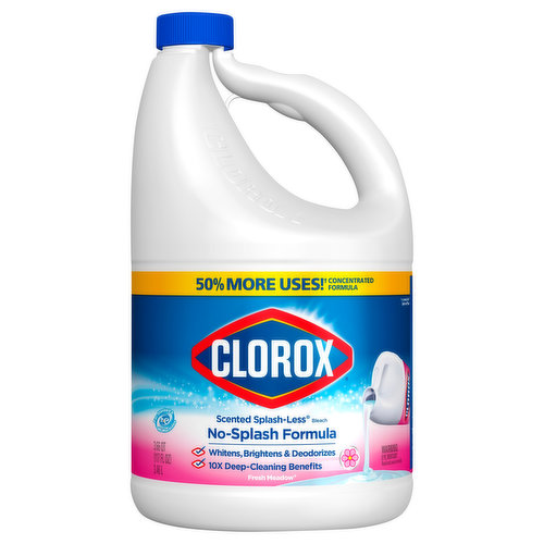 For standard & HE machines. 50% more uses (vs. previous Clorox Splash-Less Bleach)! Concentrated formula. No-splash formula. Whitens, brightens & deodorizes. 10x deep-cleaning benefits. Clorox Bleach removes tough stains better than detergent alone. Contains no phosphorus. Not harmful to septic systems.