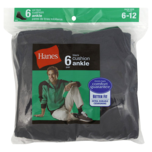 Hanes Socks, Cushion Ankle, Men's, Black