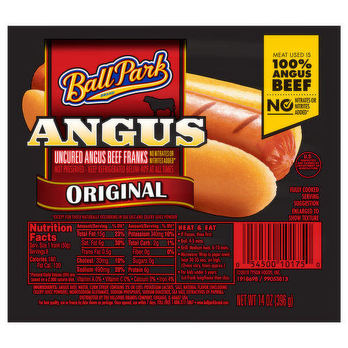 Ball Park Original Angus Beef Hot Dogs turn a great hot dog into a grill worthy masterpiece. These uncured hot dogs are made with 100% Angus Beef. Just heat and serve these fully cooked, all beef hot dogs to enjoy for any meal. Grill a Ball Park frank and top it with chili or keep it simple with ketchup and mustard. Keep 100% beef franks refrigerated.