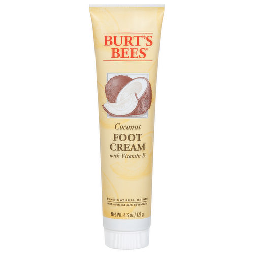 99.4% natural origin with nutrient rich botanicals. Burt's Bees Coconut Foot Cream helps prevent and protect dry, cracked and rough skin with deeply penetrating emollient botanical oils. Our Coconut Foot Cream is enriched with a softening blend of super-saturated coconut oil and other natural ingredients with a hint of peppermint for smooth, pampered feet. You'll welcome sandal season with the softest, smoothest feet you've ever experienced. Or apply daily to treat dry, scaly winter feet. Ingredients from nature. Responsible sourcing. Formulated without parabens, phthalates, petrolatum or SLS. Cruelty free. No animal testing.