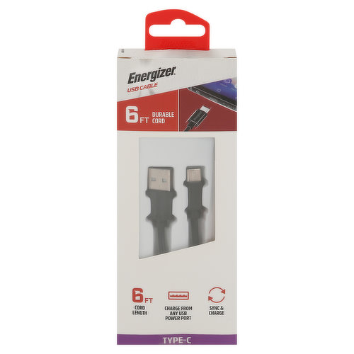 Energizer USB Cable, Type-C, 6 Feet