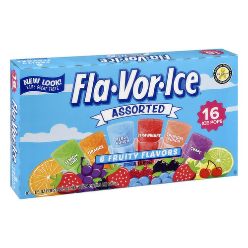 Artificial flavors. Lemon lime. Orange. Berry punch. Strawberry. Tropical punch. Crape. New look! Same great taste. For nearly 50 years, Fla-Vor-Ice ice pops have been helping families create melt-free memories to last a lifetime. Coming in a variety of flavors and sizes, Fla-Vor-Ice is the perfect frozen treat for both kids and parents looking to squeeze a little more fun out of their snack. Pops not labeled for individual sale. flavorice.com. www.jelsert.com. Share your Fla. Vor. Ice. with us! Facebook. Twitter. Instagram. (hashtag)Flavorice flavorice.com. We support. American childhood cancer organization. Gold Ribbons for Childhood Cancer Awareness: Jel sert is proud to support the fight against childhood cancer through knowledge and awareness. Please visit the American childhood cancer organization website for more information, support and to learn how you can help provide hope for these children and their families. Because kids can't fight cancer alone! Visit acco.org. Corrugated recycles. www.corrugated.org.