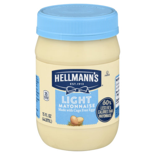 Made with cage free eggs. 35 calories per 1 tbsp. Gluten free. 60% less fat calories than mayonnaise. Good source of Omega 3 ALA. Contains 230 mg ALA per serving, which is 14% of the 1.6 g daily value for ALA. Est. 1913. Known as best foods West of the Rockies. Bring out the best. Even after 100 years, we're still committed to using premium ingredients to craft the highest quality mayonnaise. Richard Hellman. We are committed to sourcing oils responsibly. Quality of this product is guaranteed. Learnaboutmyfood.com. how2recycle.info. Discover more at Learnaboutmyfood.com. Something to tell us? Please call 1-800-418-3275. Learn more at Hellmanns.com/BlueRibbonQuality.