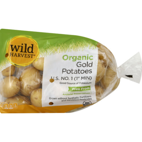 US No. 1 (1 inch min). Good source of potassium. Free From: artificial preservatives. Grown without synthetic fertilizers and persistent pesticides. Per 1 Medium Potato: 110 calories; 0 g sat fat (0% DV); 0 mg sodium (0% DV); 1 g sugars. USDA organic. Live Free with Wild Harvest: Wild Harvest is a complete selection of products that are free from more than 100 artificial preservatives, flavors, colors, sweeteners and additional undesirable ingredients. Our products are pure and simple because they're flavored and colored by nature and created to support your family's healthy and active lifestyle. People of all ages love the taste of Wild Harvest foods. To learn more about Wild Harvest products, including our full line of organic products, and for more recipes, please visit www.wildharvestorganic.com. Certified organic by California Certified Organic Farmers. 100% quality guaranteed. Like it or let us make it right. That's our quality promise. mywildharvest.com. Please recycle. Product of USA.