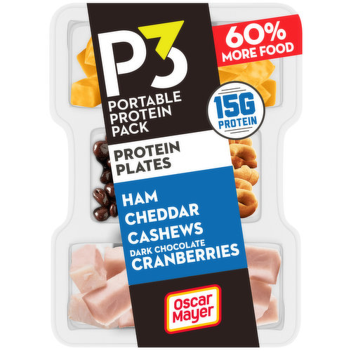 Oscar Mayer P3 Ham, Cashews, Cheddar & Dark Chocolate Cranberries Portable Protein Packs shake up your snacking routine with a deliciously convenient protein snack pack. Each pack contains snack-sized portions of applewood smoked ham, cashew pieces, mild cheddar cheese and dark chocolate cranberries. P3 is an excellent source of protein, with 17 grams per serving. Ready to eat right from the fridge, these individual protein snacks are a delicious source of energy when you need a boost. The portable package is easy to open when you are on-the-go. P3 Portable Protein Packs are the more interesting way to get your protein.