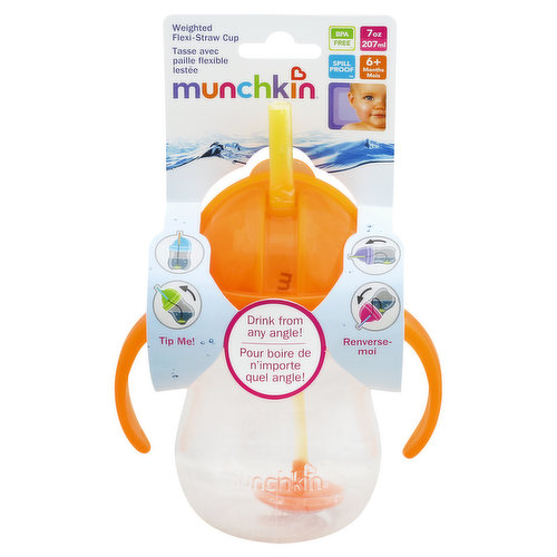 207 ml. 6+ months. BPA free. Spill proof. Tip me! Drink from any angle! A cup with a flexible straw that's weighted on the bottom, so your baby can hold it at any angle and still get a drink - it works so well, we'd totally call it a cupgrade. It's the little things. Click lock 100% guarantee. Leak-proof technology. Click. Lock. For a leak-proof seal guaranteed. Stuff You Should Know: Weighted straw allows your child to hold the cup at any angle; includes brush to easily clean straw; flip-top lid is easy to open and close. Colors and styles may vary slightly. munchkin.com. Made in China.