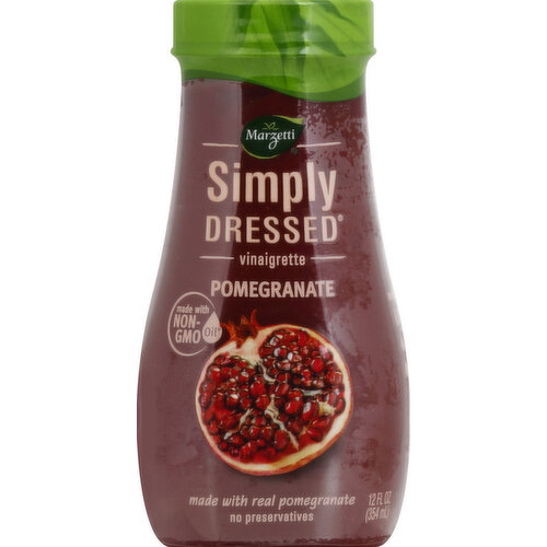 Made with real pomegranate. Made with non-GMO oil (Oil used is made from seeds that were not genetically engineered). No preservatives. Made with: Real white wine vinegar. Non-GMO canola oil (Oil used is made from seeds that were not genetically engineered). Real pomegranate. Left Out: No artificial flavor. No high fructose corn syrup. No MSG added. Gluten free. Simply made - simply delicious! Our recipes include only the essential ingredients for pure, fresh flavor. www.simplydressed.com. Questions or comments? 1-800-999-1835.