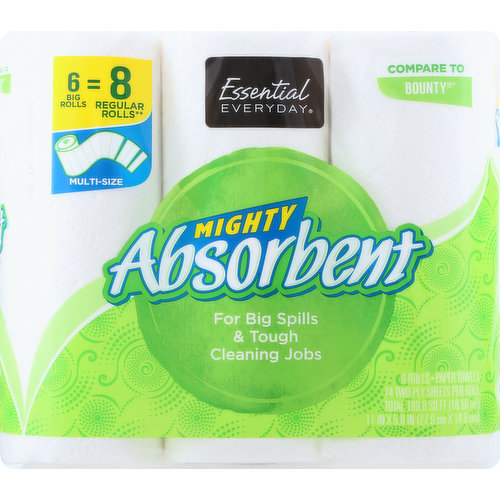 11 in x 5.9 in (27.9 cm x 14.9 cm). Total 199.8 sq ft (18.56 sq m). Mighty absorbent. 6 big rolls = 8 regular rolls (Based on the number of sheets). Compare to Bounty (Bounty is a registered trademark of The Procter & Gamble Company. This product is not manufactured or made under the authorization of The Procter & Gamble Company or one of its subsidiaries). For big spills & tough cleaning jobs. Great products at a price you'll love - that's Essential Everyday. Our goal is to provide the products your family wants, at a substantial savings versus comparable brands. We're so confident that you'll love Essential Everyday, we stand behind our products with a 100% satisfaction guarantee. Essential Everyday Mighty Absorbent Paper Towels are manufactured to absorb more liquid per square inch than regular conventional paper towels. This thicker, more absorbent towel will help you tackle eve the toughest clean-up tasks with ease. 100% Quality Guaranteed: Like it or let us make it right. That's our quality promise. essentialeveryday.com. Sustainable Forestry Initiative: Certified sourcing. www.sfiprogram.org. Made in USA from domestic and imported materials.