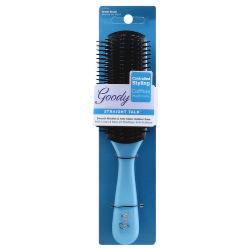 Smooth bristles & anti-static rubber base. Goody Straight Talk offers the perfect line of styling tools to achieve a beautiful, smooth style. This brush features a unique rubber pad that helps to reduce fly-aways. Perfect styling tool to help create a smooth, and polished style. Facebook. Instagram. Look good, (hashtag)FeelGoody. (at)goodyhair & goody.com. We would love to hear from you: 1.800.241.4324. Made in China.