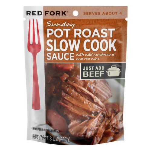 Sunday pot roast slow cook sauce with wild mushrooms and red wine. Serves about 4. A better way to slow cook. We love the aromas of slow-cooking pot roast - especially on Sundays at home. This rendition, studded with luxurious wild mushrooms and garlic, fills up with joy whenever it's cooking.  www.conagrabrands.com. SmartLabel: Scan or call 1-877-890-8313 for more food information. Facebook. Questions, visit us at www.conagrabrands.com or call 877-890-8313.