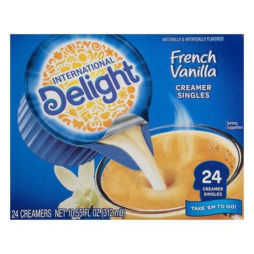 Naturally and artificially flavored. Gluten-free. Lactose-free. 24 creamer singles. Take'em to go! Wake up your cup with the classic taste of French vanilla. Love your morning cup guarantee: Coffee just can't happen without creamer, so get pouring! Dial up the delight with our made-to-please sweet, creamy flavor. And if you don't absolutely love it, we'll refund your money! Call 1-800-441-3321 for full refund. Limit two refunds per household per year. Proof of purchase may be required. InternationalDelight.com.  Give us a shout at at (hastag) Delight . Facebook. Pinterest. Twitter. We'd love to connect with you! Sign up for coupons at InternationalDelight.com.