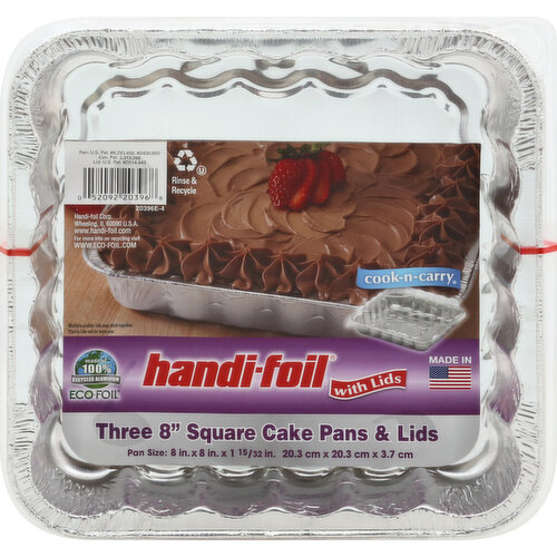 8 in x 8 in x 1-15/32 in (20.3 cm x 20.3 cm x 3.7 cm). Cook-n-carry. With lids. www.handi-foil.com. www.eco-foil.com. Rinse & recycle. For more information on recycling visit www.eco-foil.com. Made of 100% recycled aluminum. Eco Foil. Made in USA.