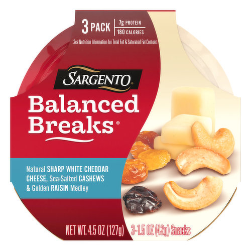 Natural sharp white cheddar cheese, sea-salted cashews & golden raisin medley. 7 g protein; 180 calories. See nutrition information for total fat & saturated fat content. Our family's passion is cheese. Lou & Louie Gentine. 2nd & 3rd Generation Sargento Owners. sargento.com/balancedbreaks. Questions or Comments: Please call Sargento Consumer Affairs at 1-800-Cheeses (1-800-243-3737) from 9 a.m. to 4 p.m. (Central Time), Monday-Friday. Please provide the freshness date on the package and the UPC bar code numbers. To learn more about our family of Balanced Breaks, go to sargento.com/balancedbreaks. Cashews product of Vietnam.