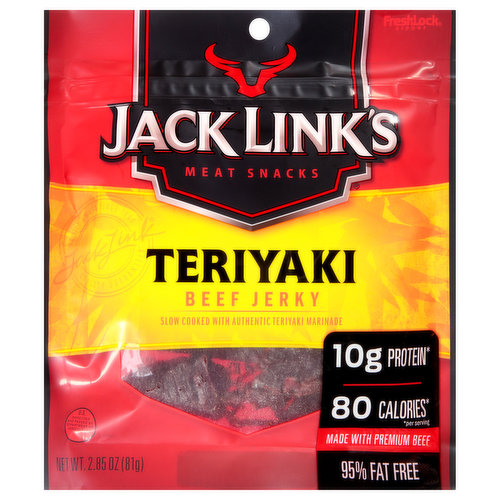 Slow cooked with authentic teriyaki marinade Per Serving: 10 g protein (per serving); 80 calories (per serving); 1 g total fat. 0 g trans fat. 6 g total carbs. 95% fat free. Made with premium beef. JackLink family owned since 1885. There's more than the best darn jerky in this bag - there's tradition. Born in the Northwoods of Wisconsin with nothing more than a passion for great tasting snacks, our company has been family-owned and operated for over 100 years. We're proud of our rural roots, and our pioneer spirit continues today through our team members who work in small towns across America. Our team sources the highest-quality meat, crafting and seasoning it ourselves to recreate the time-honored recipes that have been passed down by my family for generations. We hope you enjoy our delicious tradition that continues today. From all of us at Jack Link's, thank you for your patronage, and remember to feed your wild side! Feed your wild side. Quality guaranteed. Satisfaction Guaranteed: This product is guaranteed to satisfy or we'll replace it (With proof of purchase). US inspected and passed by Department of Agriculture. JackLinks.com. Follow us: Instagram. Twitter. Facebook. Questions? Call 715-466-8608. Mon. to Fri. 8 AM to 5 PM CST. Packaged in the USA.