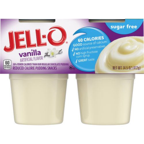 Artificial flavor. 60 calories per snack. This product contains 60 calories; Our regular chocolate pudding contains 120 calories. Sugar free. 50% fewer calories than our regular chocolate pudding. Good source of calcium. No artificial preservatives. No high fructose corn syrup. Great taste. jell-o.com. Visit us at: jell-o.com 1-800-431-1001.