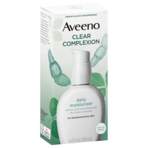 Other Information: Store at room temperature. Dermatologist recommended. Daily moisturizer. Plus tone correcting. For breakout-prone skin. Total soy complex. Breakouts throwing you off balance? The Aveeno Clear Complexion collection is designed to care for breakout-prone skin and to even skin tone and texture to help reveal your skin's true radiance. Explore other Aveeno collections for a skin solution that's clearly you. For breakout-prone skin: oil-free, hypoallergenic, non-comedogenic fast-absorbing, gentle enough for sensitive skin. Aveeno Clear Complexion Daily Moisturizer is uniquely formulated with an exclusive Total Soy complex to help visibly even out skin tone and smooth tune. It also contains salicylic acid, which penetrates pores to help control and prevent acne blemishes. This moisturizer is for all skin types and is gentle enough for sensitive skin. Total soy complete. Beauty in the Regimen. One of the secrets to beautiful, clear skin is consistency and routine. Cleanse. Moisturize. Treat. Moisturize penetrates pores to clear most acne blemishes and help prevent future breakouts. Dermatologist recommended for over 65 years. www.aveeno.com. how2recycle.info. Questions? 866-428-3366; Outside US, dial collect 215-273-8755; www.aveeno.com. FSC: Mix – Packaging from responsible sources. www.fsc.org. Made in Canada.