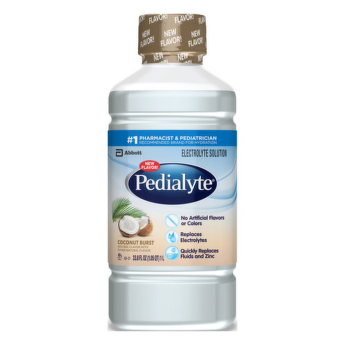 No artificial flavors or colors. Natural flavor with other natural flavor. One Liter of Pedialyte Provides: Sodium, 45 mEq; Potassium, 20 mEq; Chloride, 35 mEq. Halal. No. 1 pharmacist & pediatrician recommended brand for hydration. New flavor! Replaces electrolytes. Quickly replaces Fluids and Zinc. Trusted by doctors and hospitals since 1966. Pedialyte is designed to prevent dehydration (For mild to moderate dehydration.) more effectively than common beverages. Level per liter: Pedialyte Advanced care+, Pedialyte & Pedialyte advanced care, Sports drink, Soda, 100% Apple juice, water. Electrolyte sodium in Pedialyte compared to common beverages. Pedialyte quickly replenishes fluids, zinc and electrolytes to help prevent dehydration due to: Vomiting & diarrhea, Heat exhaustion. Intense exercise. Travel. www.Pedialyte.com. Questions or comments? Call 1-800-986-8441. Visit us at www.Pedialyte.com.