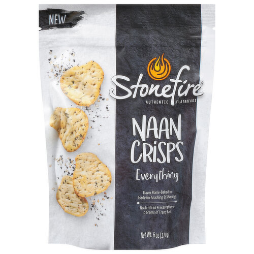 New. Authentic flatbreads. Flavor flame-baked in. Made for snacking & sharing. Perfectly snack-sized crisps inspired by our naan recipe with a little bit of everything flame-baked into every bite. Do you snack alone or dare to share? We're crazy for naan! It took years to perfect the authentic Stonefire naan recipe, so we didn't say from the challenge of creating this crispy naan snack. With bubbles, char and flame-baked right into every crisp, Stonefire naan crisps are simply delicious right out of the bag and bring a new dimension to your favorite dips. Grab and go, or sit and savor. These crisps were made for snacking!