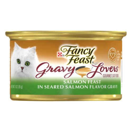 Calorie Content (ME, calculated) 752 kcal/kg 64 kcal/can. Fancy feast gravy loves salmon feast in seared salmon flavor gravy is formulated to meet the nutrition levels established by the AAFCO cat food nutrient profiles for growth of kittens and maintenance of adult cats. 100% complete & balanced. For kittens adult cats. Purina.com. Please recycle.